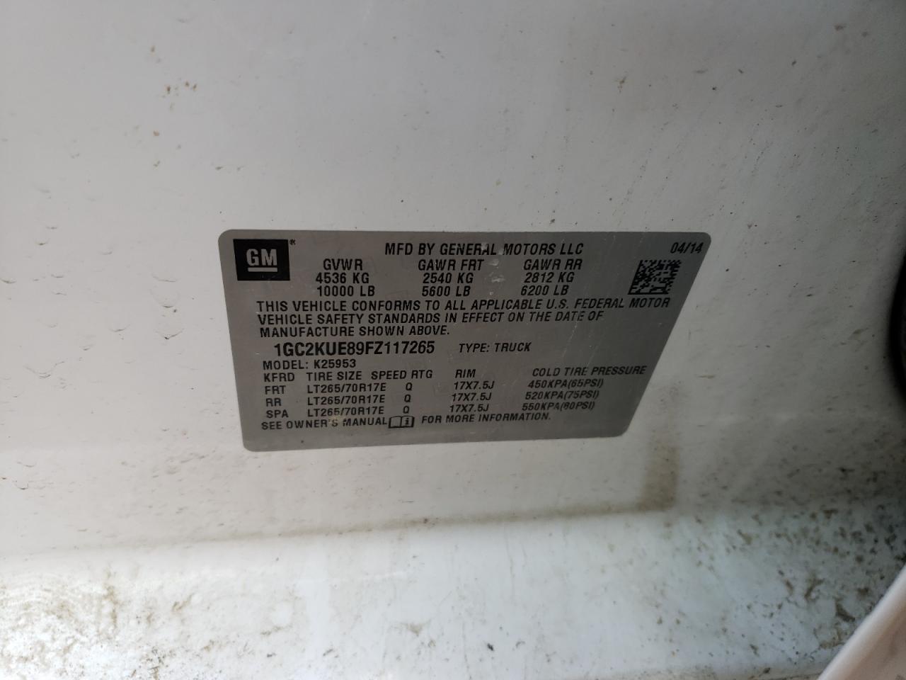 Photo 10 from auction – 2015 CHEVROLET SILVERADO with VIN 1GC2KUE89FZ117265