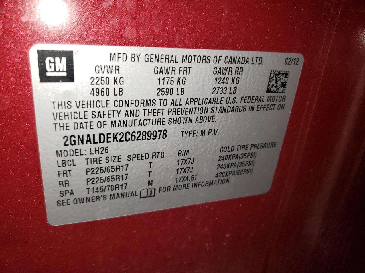 Photo 10 from auction – 2012 CHEVROLET EQUINOX LT with VIN 2GNALDEK2C6289978
