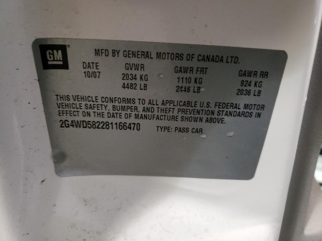 Photo 10 from auction – 2008 BUICK LACROSSE C with VIN 2G4WD582281166470