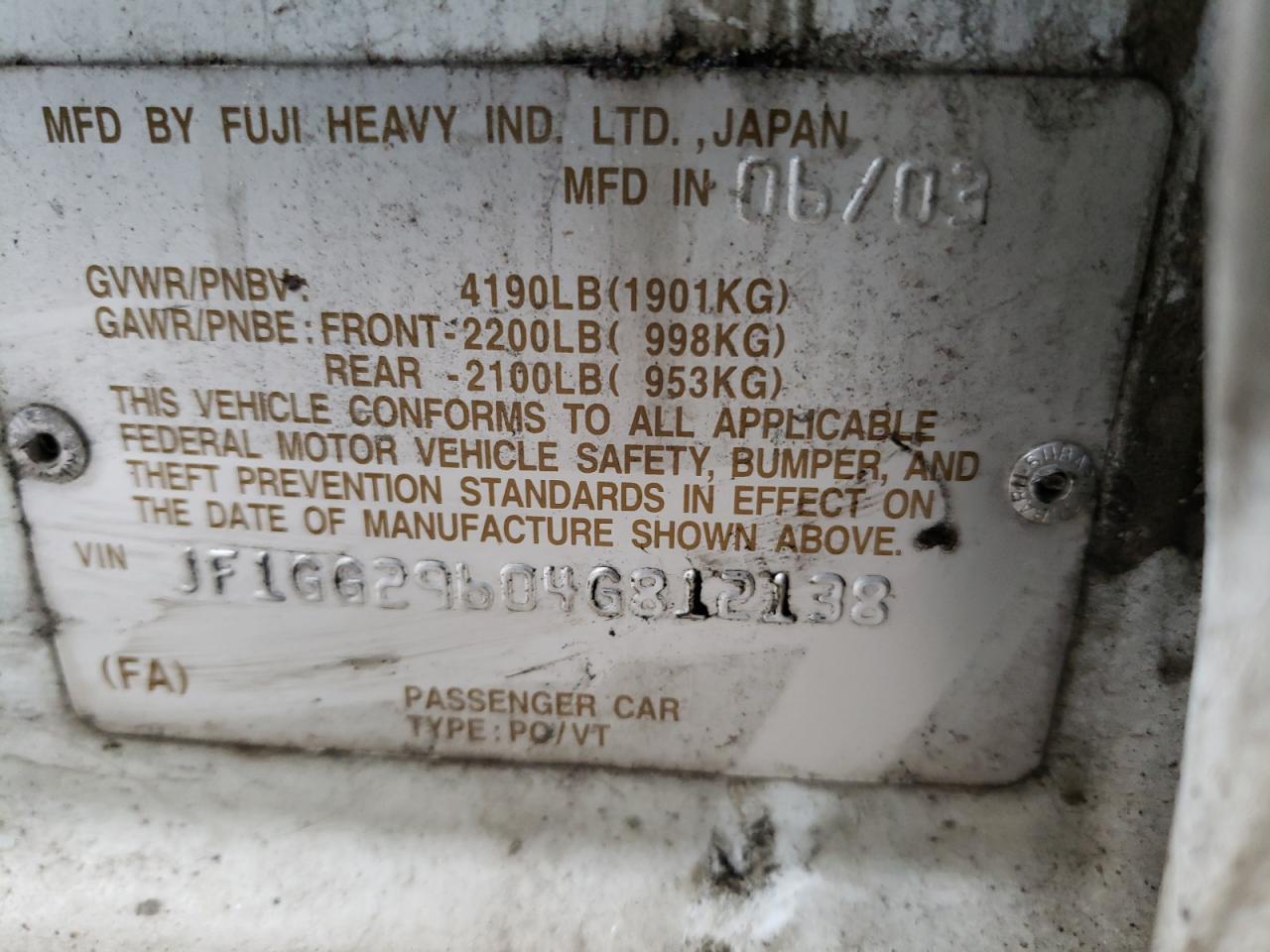 Photo 10 from auction – 2004 SUBARU IMPREZA WR with VIN JF1GG29604G812138