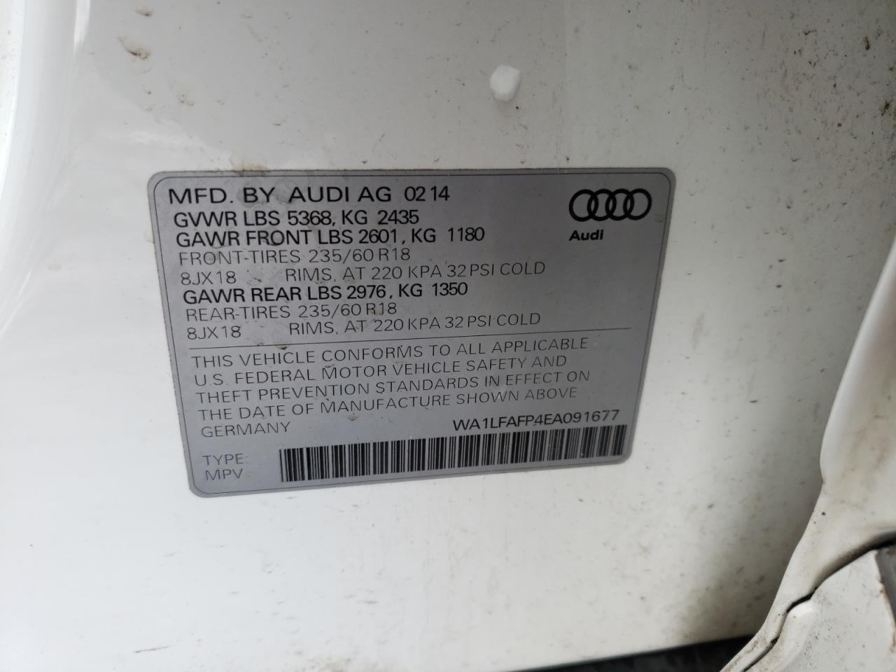 Photo 10 from auction – 2014 AUDI Q5 PREMIUM with VIN WA1LFAFP4EA091677