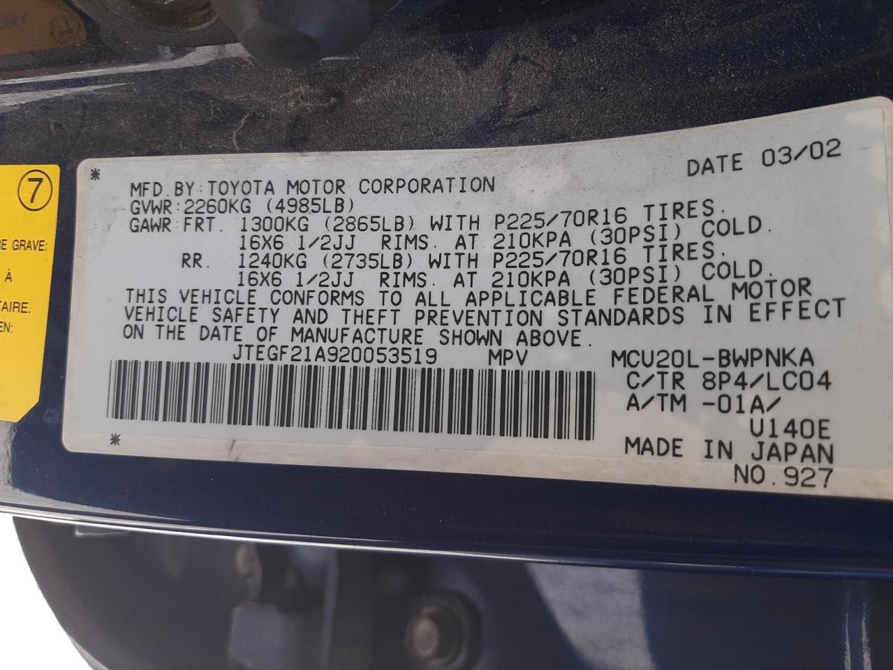 Photo 10 from auction – 2002 TOYOTA HIGHLANDER with VIN JTEGF21A920053519