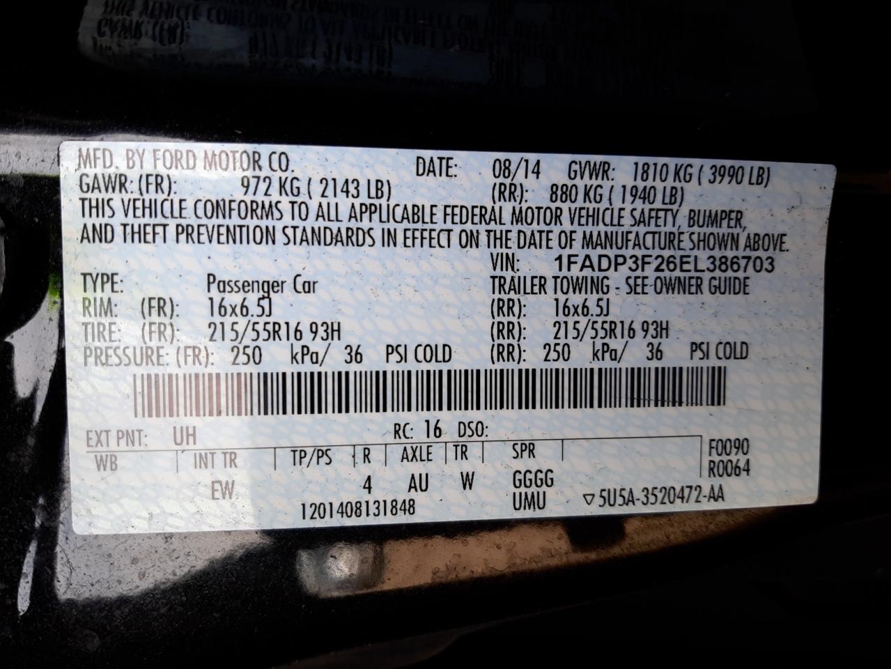 Photo 10 from auction – 2014 FORD FOCUS SE with VIN 1FADP3F26EL386703