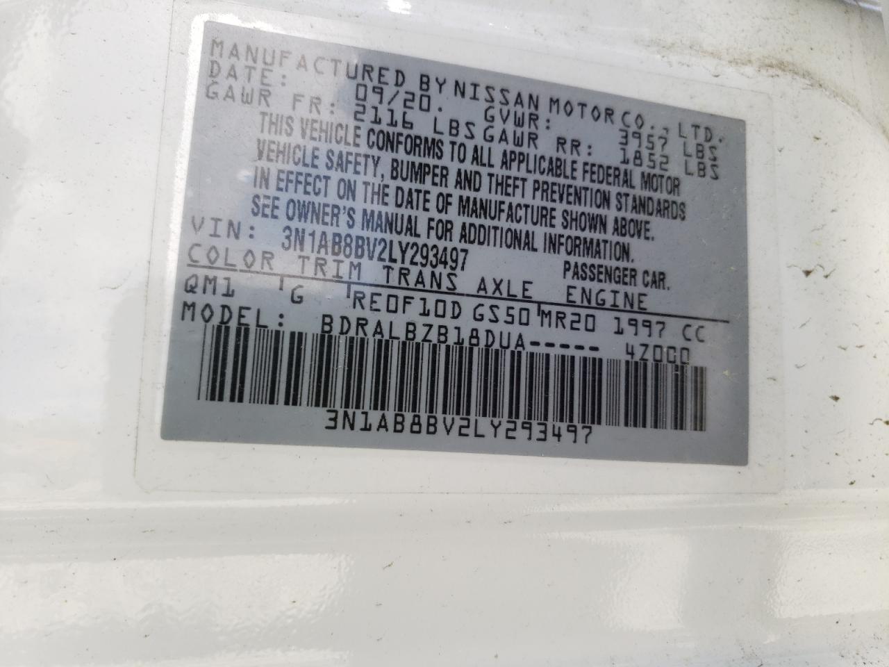 Photo 10 from auction – 2020 NISSAN SENTRA S with VIN 3N1AB8BV2LY293497