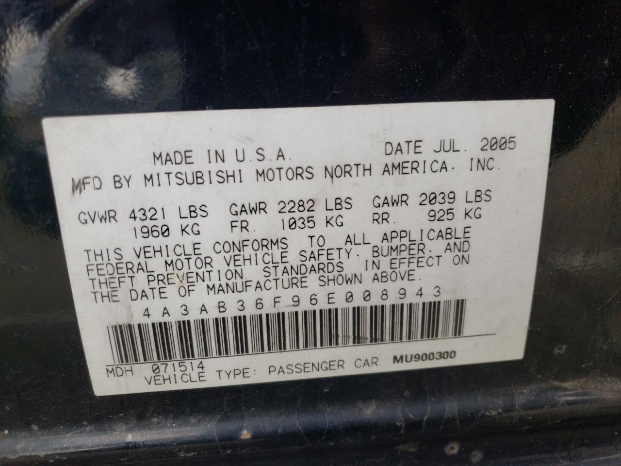 Photo 10 from auction – 2006 MITSUBISHI GALANT ES with VIN 4A3AB36F96E008943