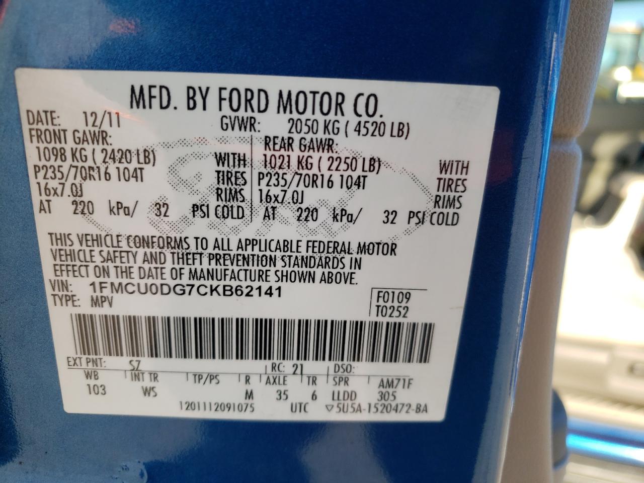 Photo 10 from auction – 2012 FORD ESCAPE XLT with VIN 1FMCU0DG7CKB62141