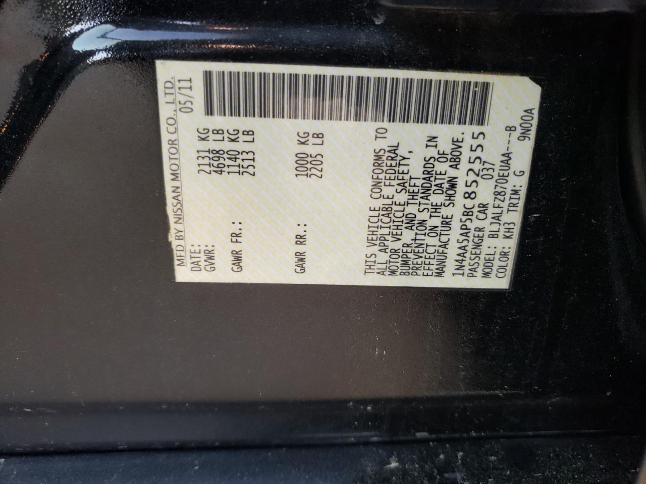 Photo 10 from auction – 2011 NISSAN MAXIMA S with VIN 1N4AA5AP5BC852555