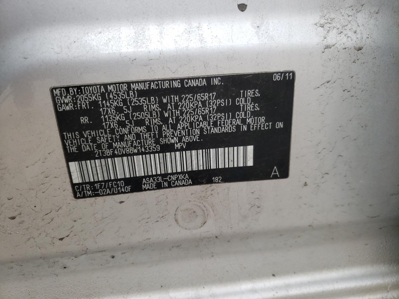 Photo 10 from auction – 2011 TOYOTA RAV4 with VIN 2T3BF4DV8BW143359