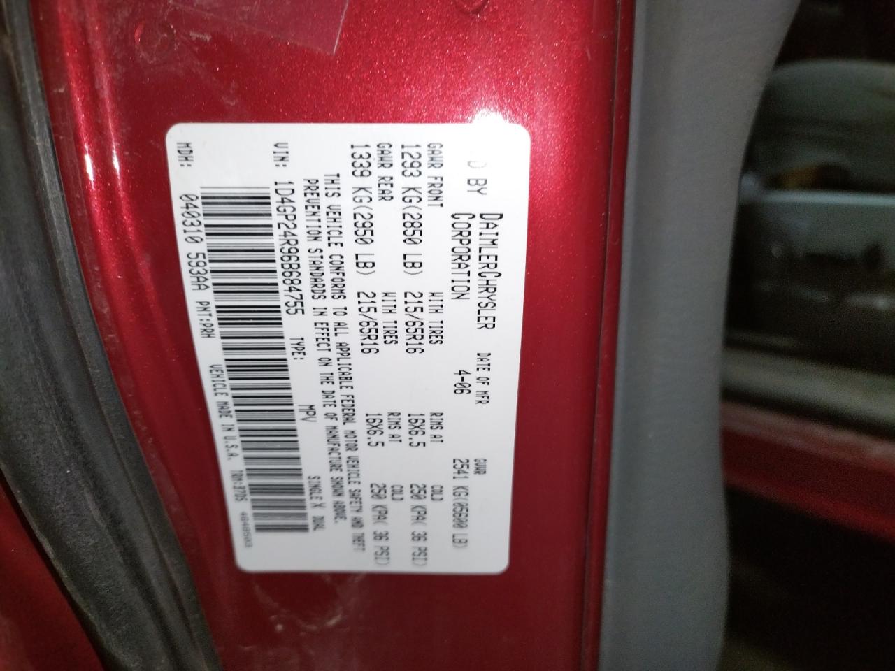 Photo 10 from auction – 2006 DODGE GRAND CARA with VIN 1D4GP24R96B684755