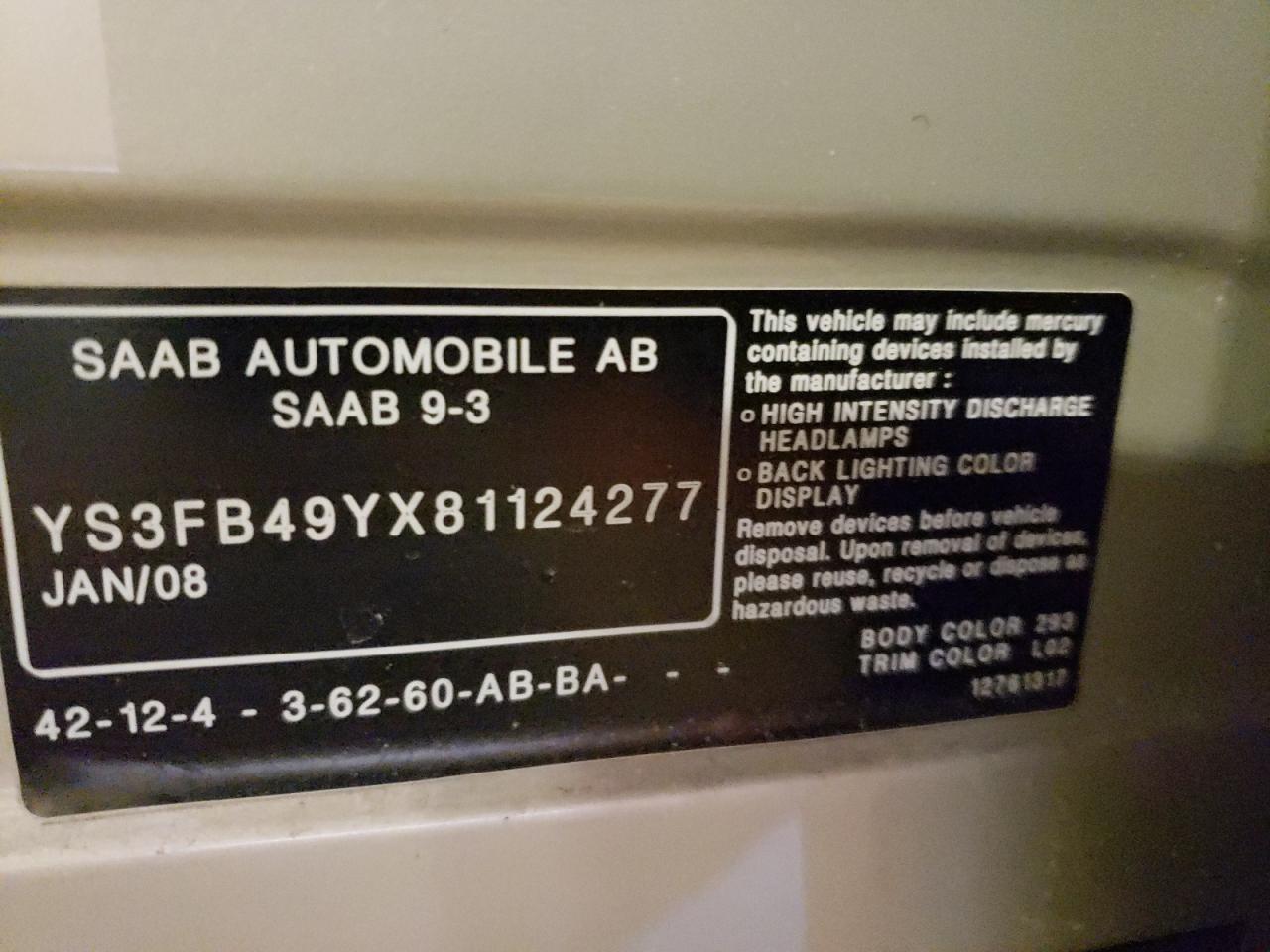 Photo 10 from auction – 2008 SAAB 9-3 2.0T with VIN YS3FB49YX81124277