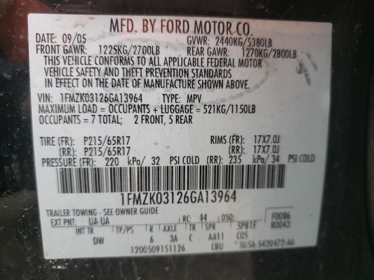 Photo 10 from auction – 2006 FORD FREESTYLE with VIN 1FMZK03126GA13964