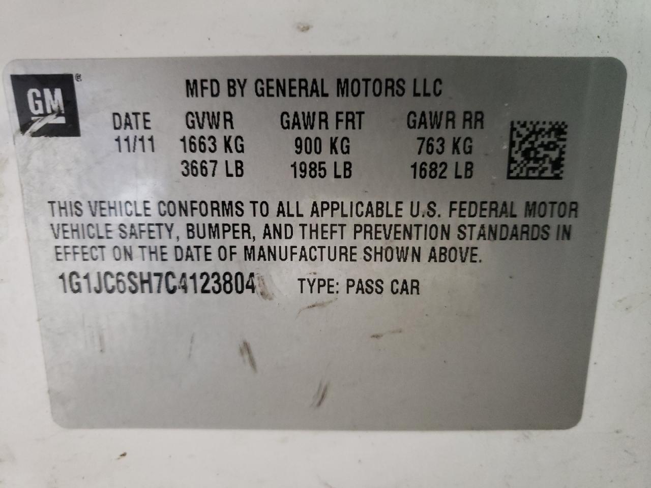 Photo 10 from auction – 2012 CHEVROLET SONIC LT with VIN 1G1JC6SH7C4123804
