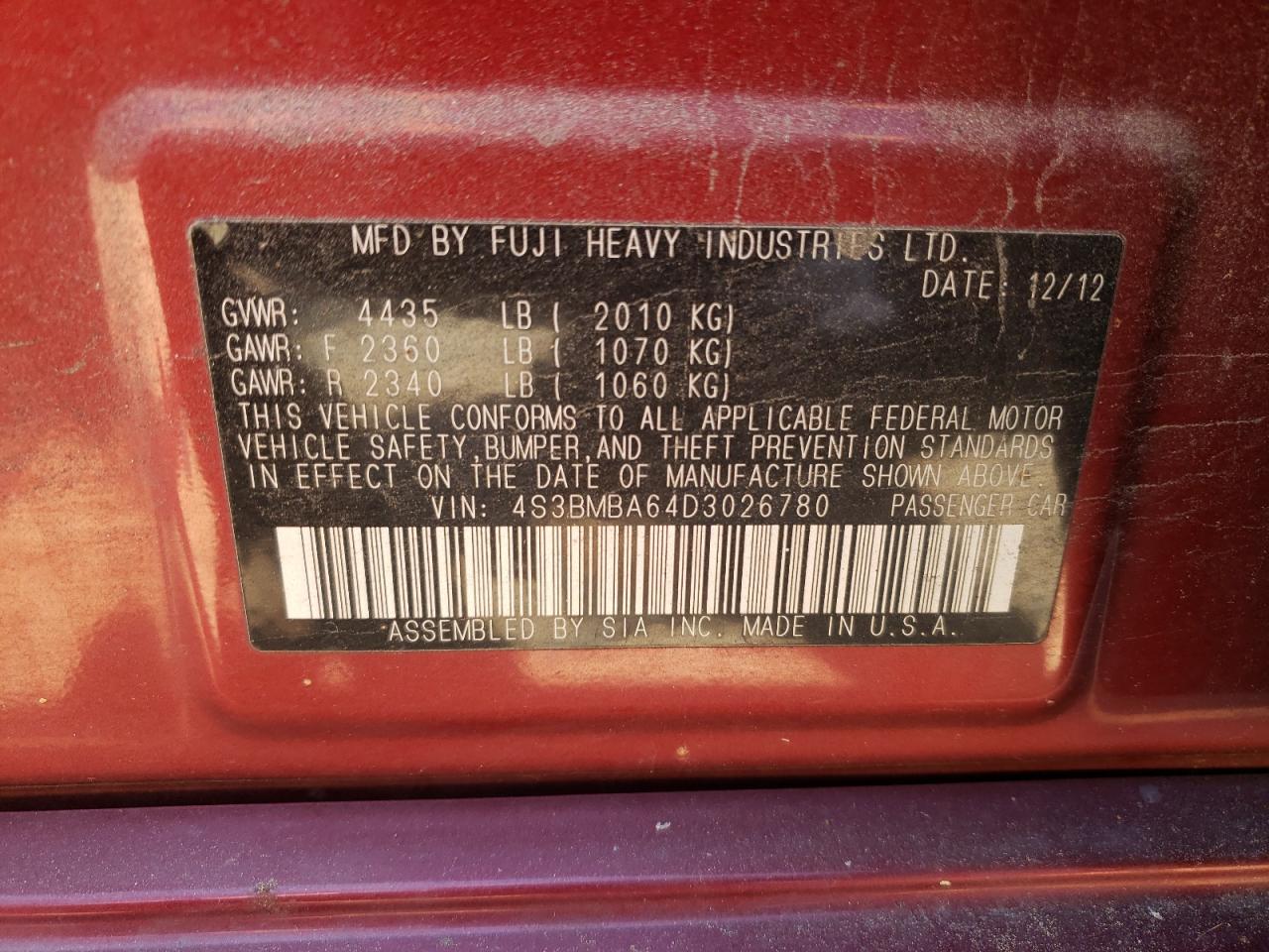 Photo 10 from auction – 2013 SUBARU LEGACY 2.5 with VIN 4S3BMBA64D3026780