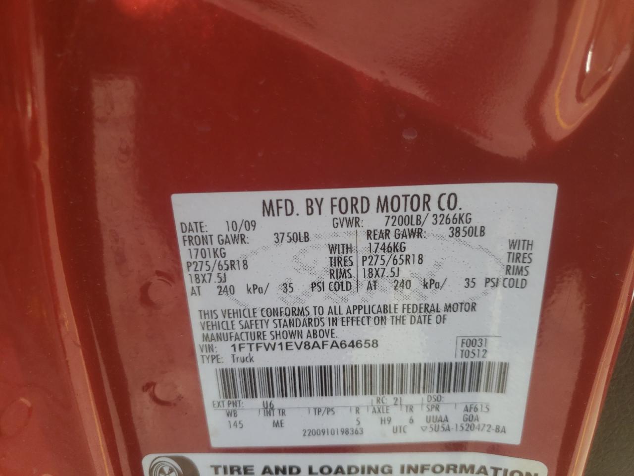 Photo 10 from auction – 2010 FORD F150 SUPER with VIN 1FTFW1EV8AFA64658