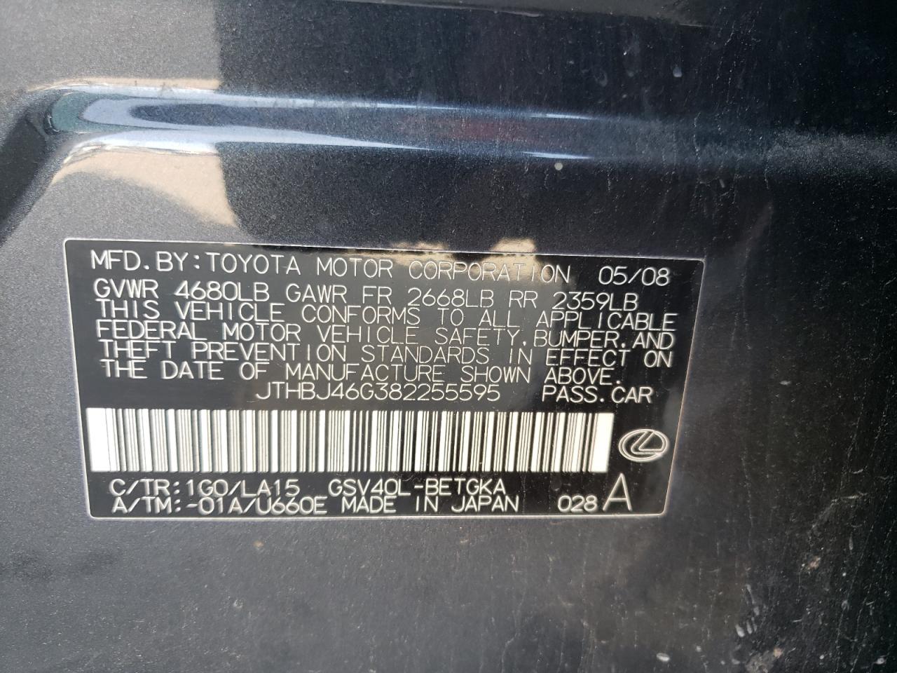 Photo 10 from auction – 2008 LEXUS ES 350 with VIN JTHBJ46G382255595