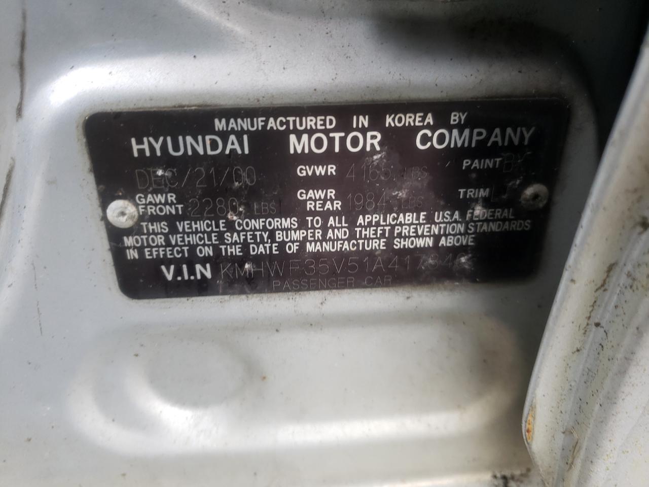 Photo 10 from auction – 2001 HYUNDAI SONATA GLS with VIN KMHWF35V51A417846