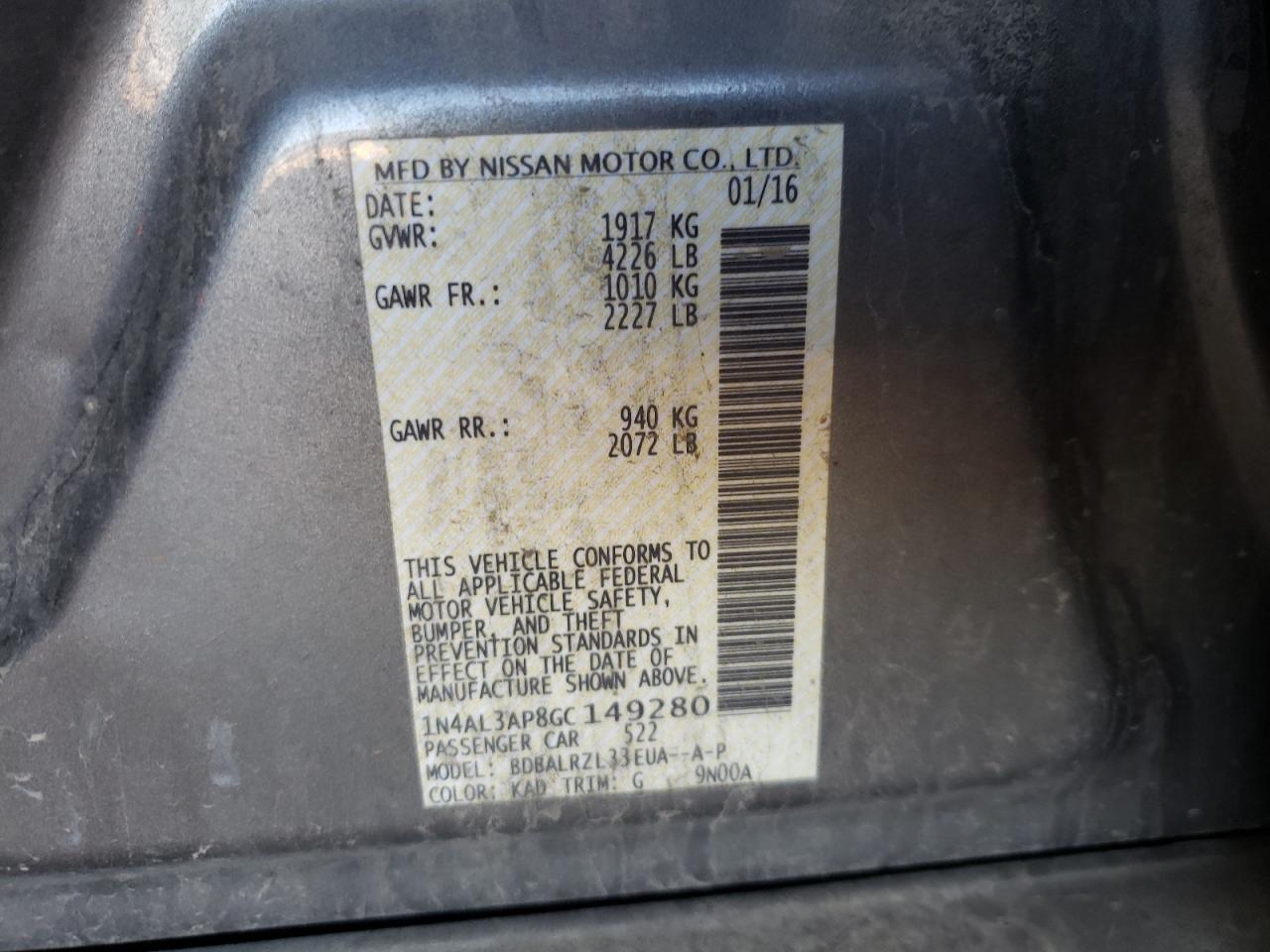 Photo 10 from auction – 2016 NISSAN ALTIMA 2.5 with VIN 1N4AL3AP8GC149280