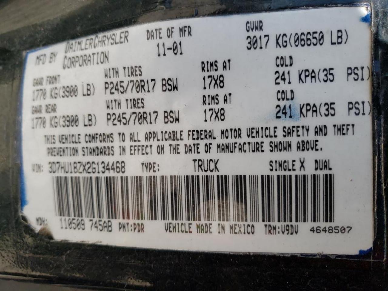 Zdjęcie 10 z aukcji – 2002 DODGE RAM 1500 z VIN 3D7HU18ZX2G134468