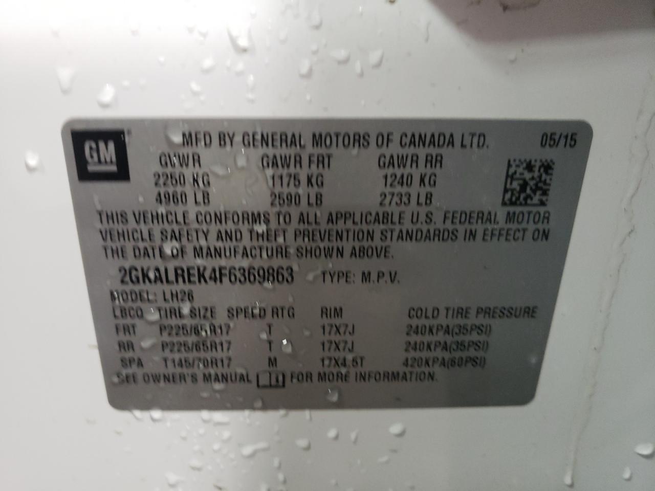 Photo 10 from auction – 2015 GMC TERRAIN SL with VIN 2GKALREK4F6369863
