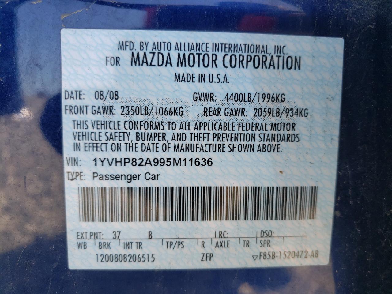 Photo 10 from auction – 2009 MAZDA 6 I with VIN 1YVHP82A995M11636