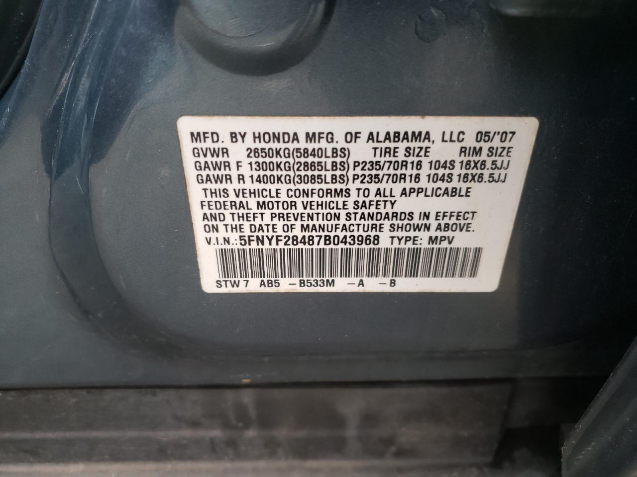 Photo 10 from auction – 2007 HONDA PILOT EX with VIN 5FNYF28487B043968