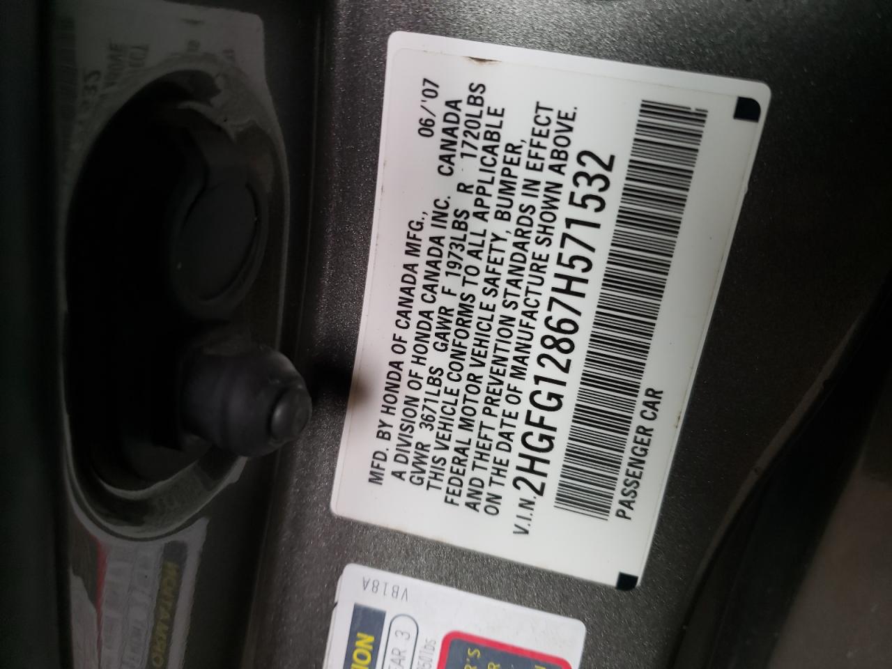 Photo 10 from auction – 2007 HONDA CIVIC EX with VIN 2HGFG12867H571532