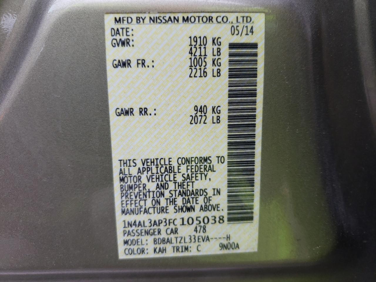 Photo 10 from auction – 2015 NISSAN ALTIMA 2.5 with VIN 1N4AL3AP3FC105038