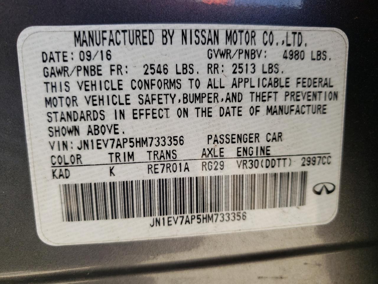 Photo 10 from auction – 2017 INFINITI Q50 PREMIU with VIN JN1EV7AP5HM733356