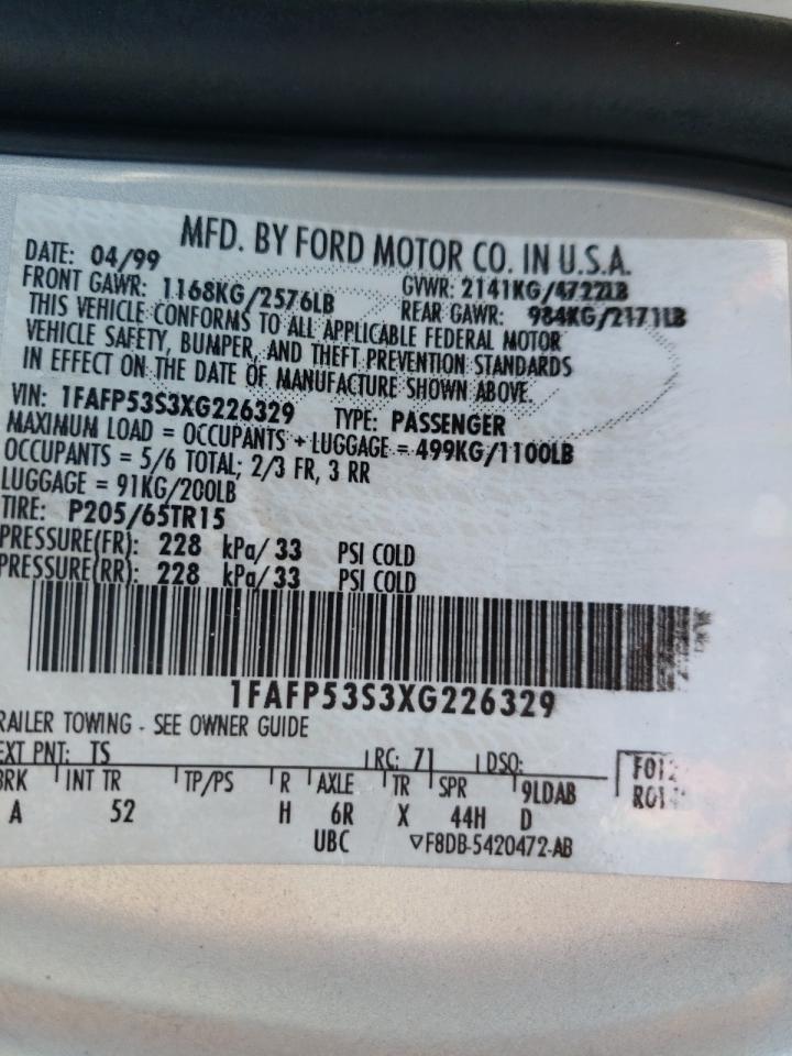 Photo 10 from auction – 1999 FORD TAURUS SE with VIN 1FAFP53S3XG226329