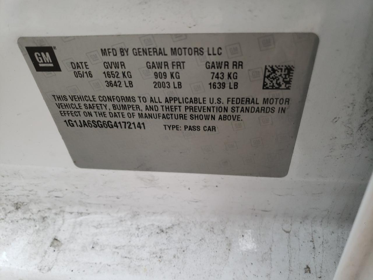Photo 10 from auction – 2016 CHEVROLET SONIC LS with VIN 1G1JA6SG6G4172141