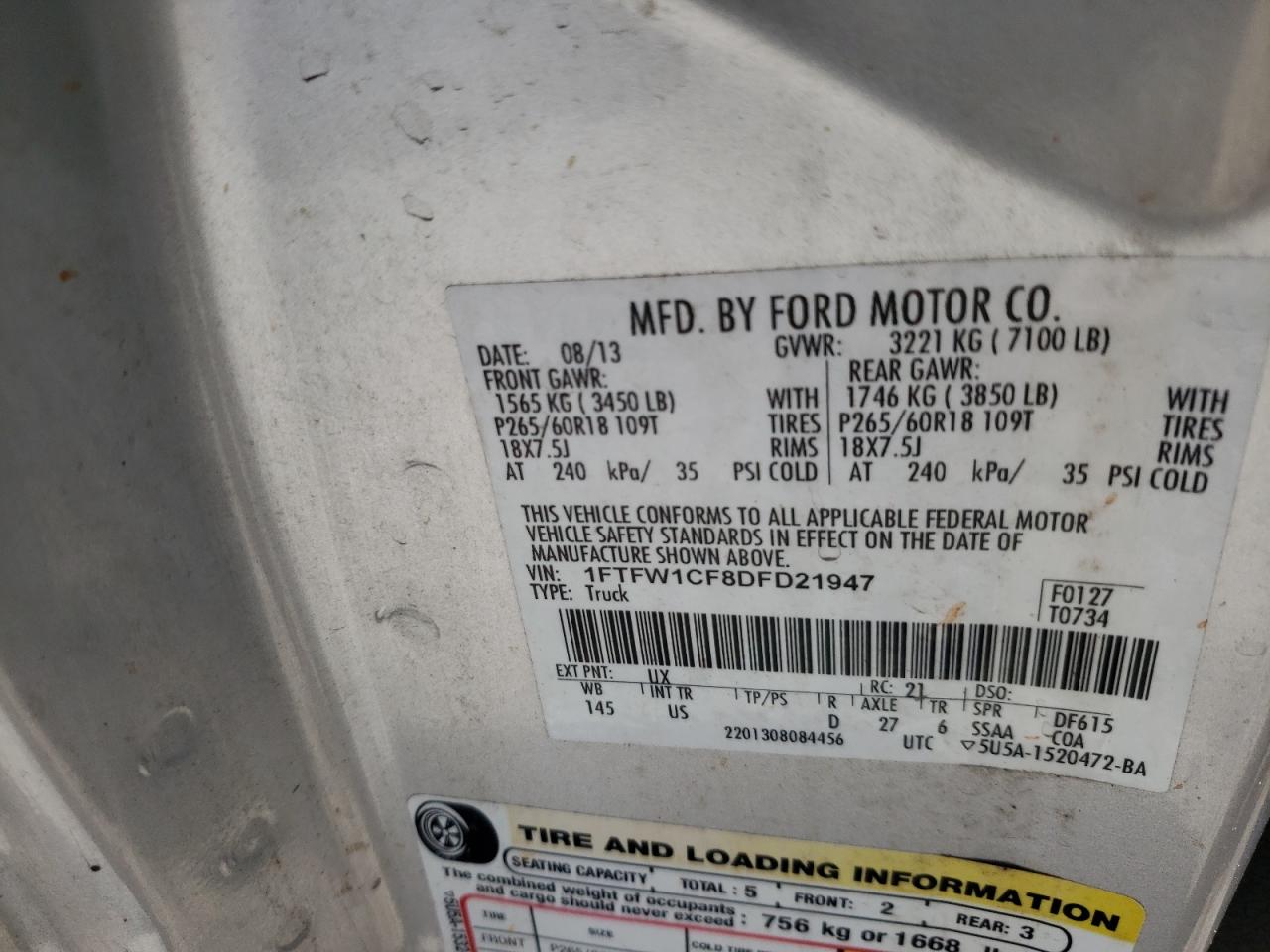 Photo 10 from auction – 2013 FORD F150 SUPER with VIN 1FTFW1CF8DFD21947
