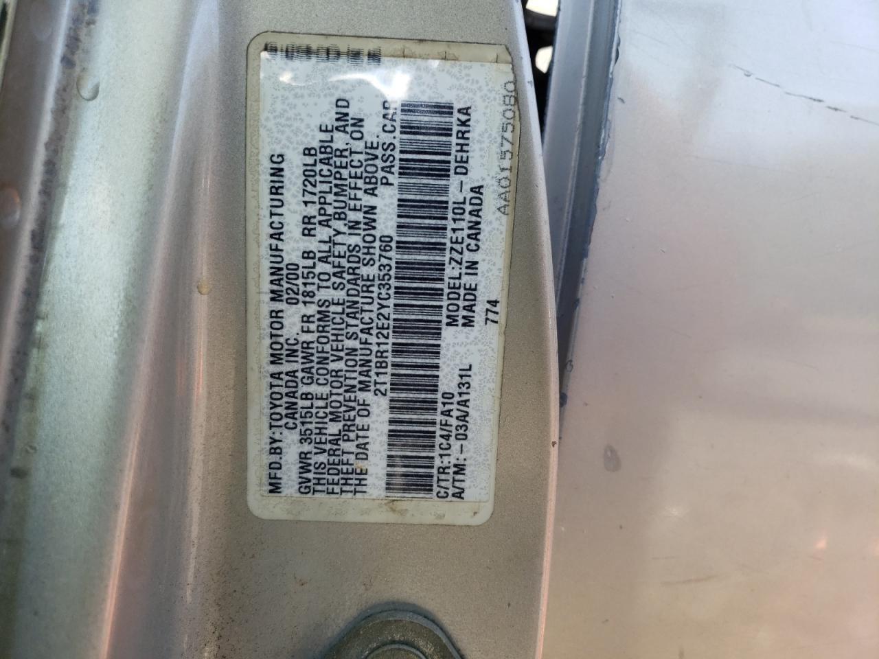 Photo 10 from auction – 2000 TOYOTA COROLLA with VIN 2T1BR12E2YC353760