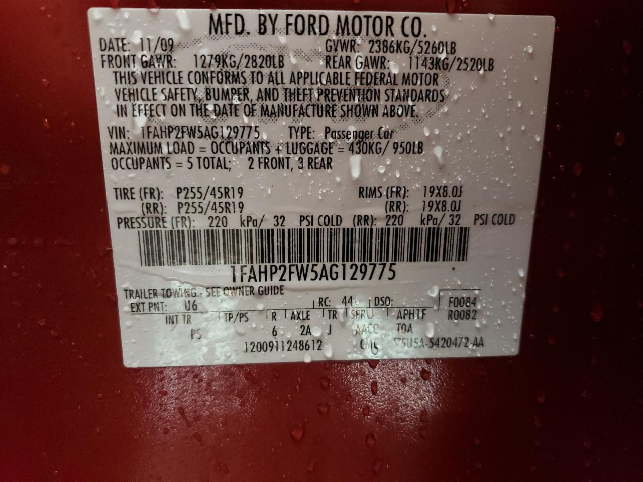 Photo 10 from auction – 2010 FORD TAURUS LIM with VIN 1FAHP2FW5AG129775