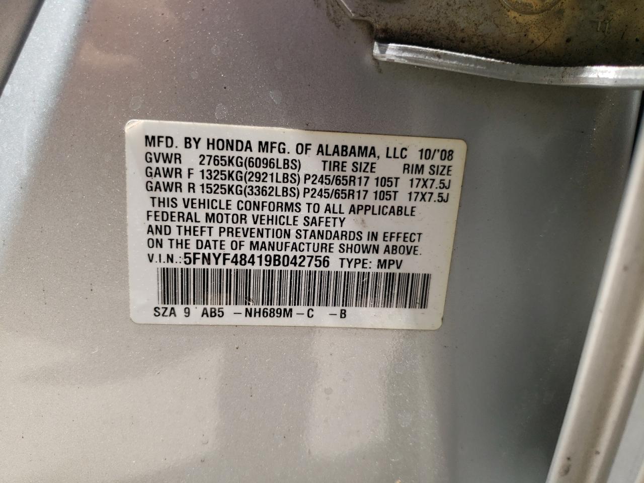 Photo 10 from auction – 2009 HONDA PILOT EX with VIN 5FNYF48419B042756