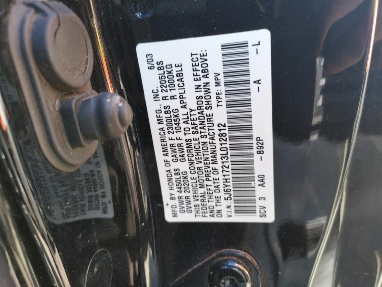 Photo 10 from auction – 2003 HONDA ELEMENT DX with VIN 5J6YH17213L012812