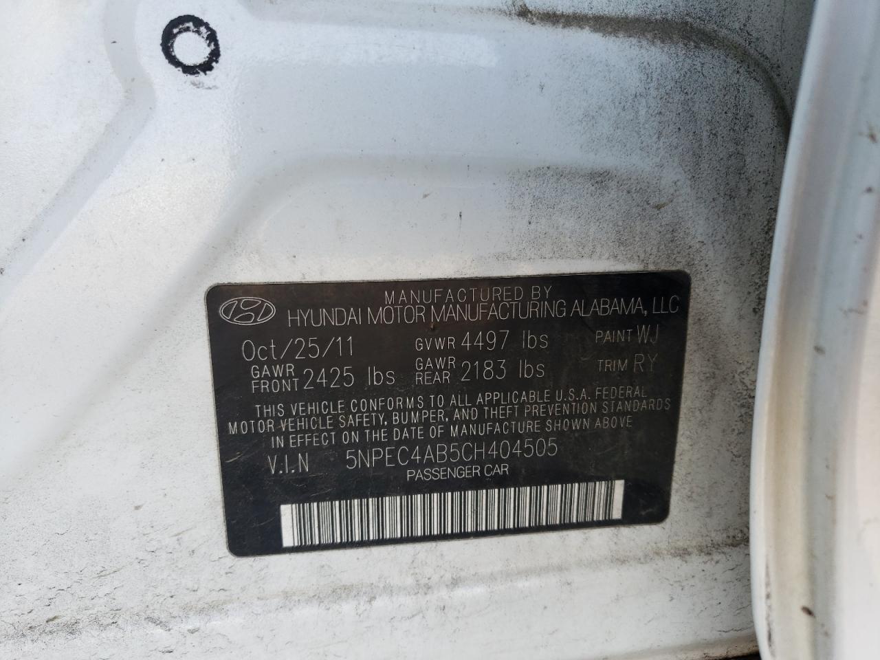 Photo 10 from auction – 2012 HYUNDAI SONATA SE with VIN 5NPEC4AB5CH404505