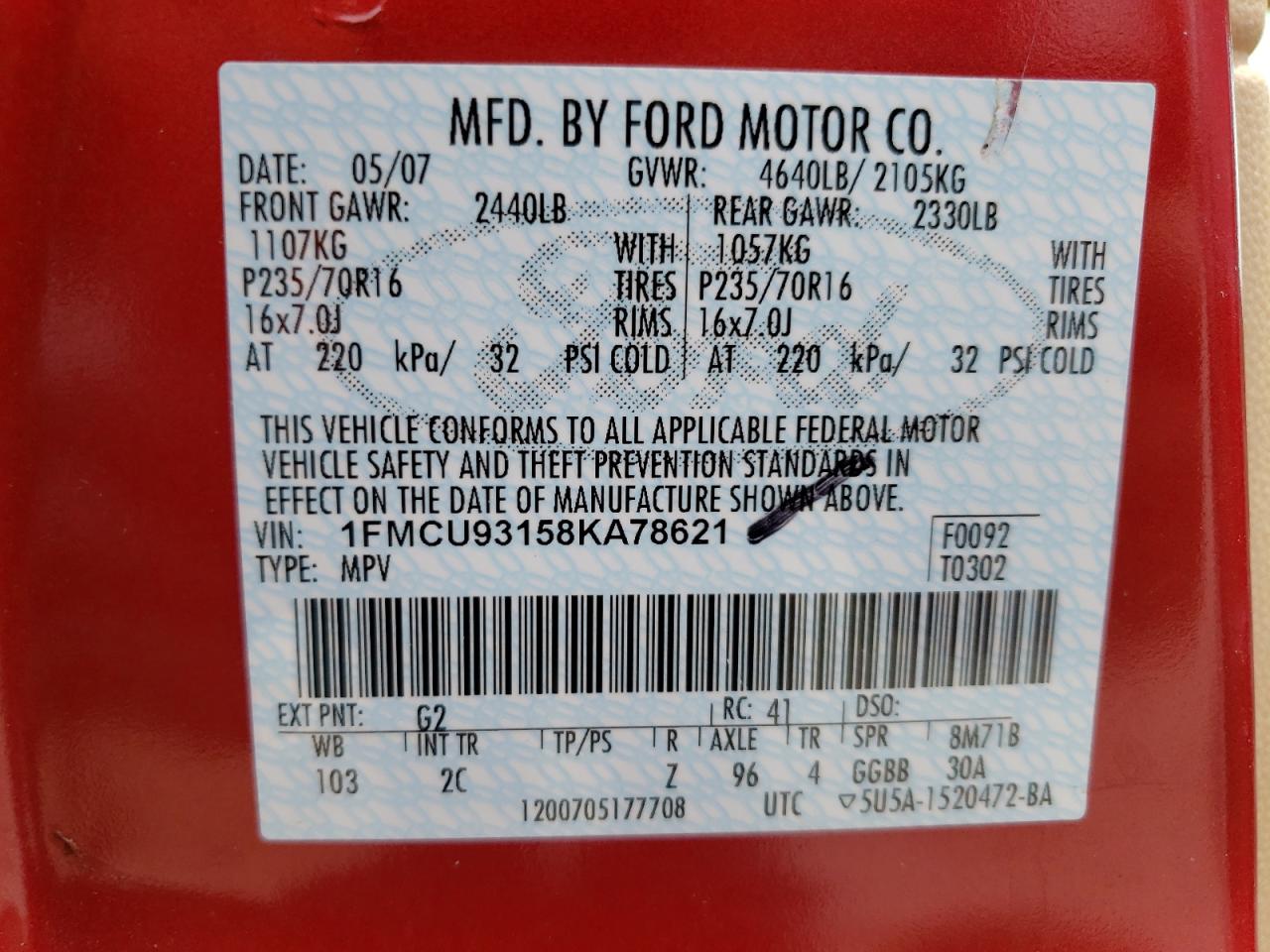 Photo 10 from auction – 2008 FORD ESCAPE XLT with VIN 1FMCU93158KA78621