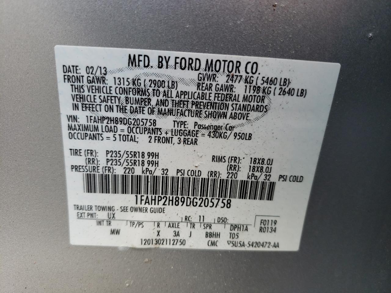 Photo 10 from auction – 2013 FORD TAURUS SEL with VIN 1FAHP2H89DG205758