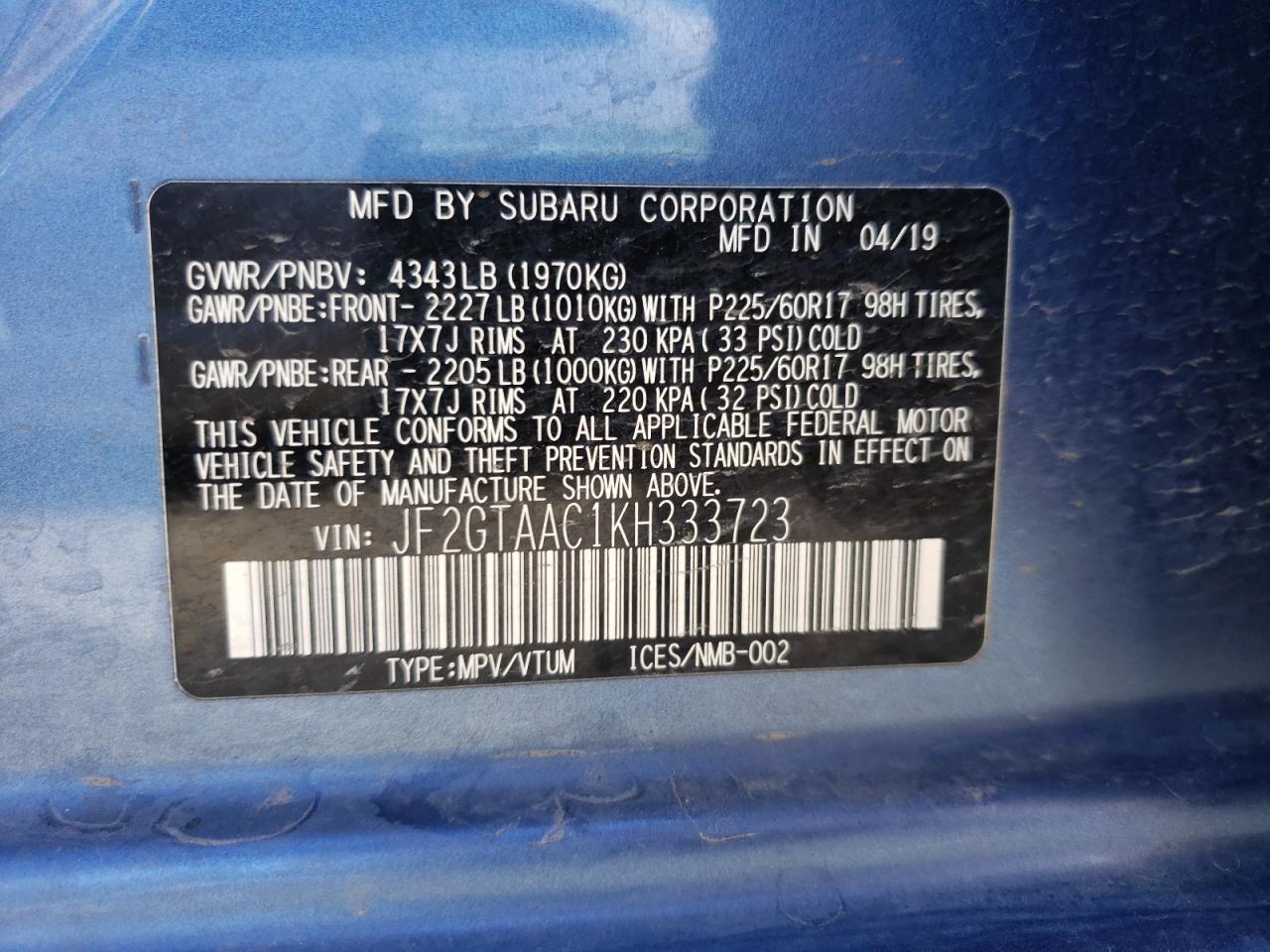 Photo 10 from auction – 2019 SUBARU CROSSTREK with VIN JF2GTAAC1KH333723