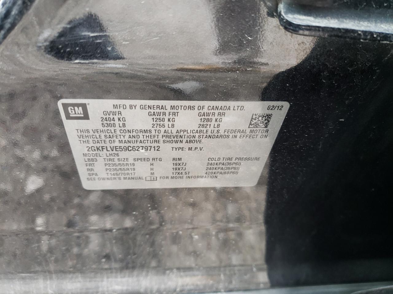 Photo 10 from auction – 2012 GMC TERRAIN SL with VIN 2GKFLVE59C6279712