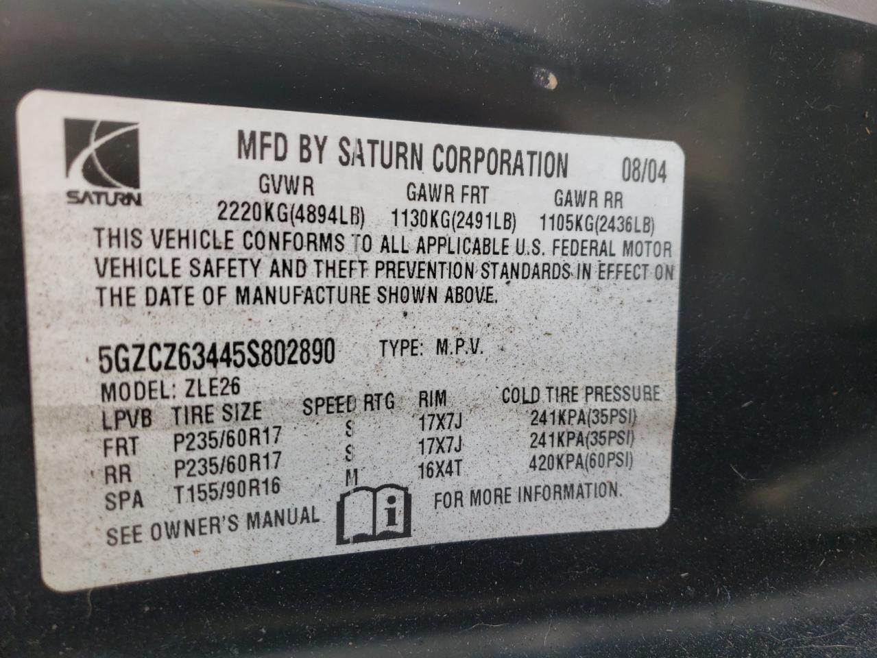 Photo 10 from auction – 2005 SATURN VUE with VIN 5GZCZ63445S802890