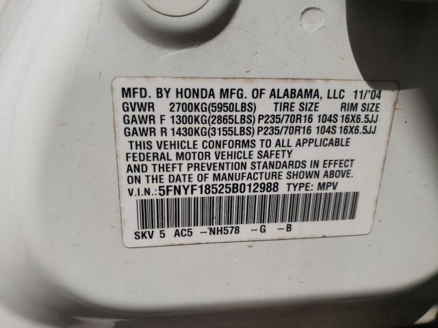 Photo 10 from auction – 2005 HONDA PILOT EXL with VIN 5FNYF18525B012988