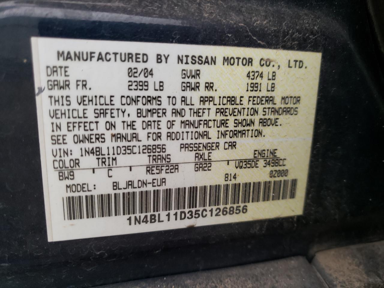 Photo 10 from auction – 2005 NISSAN ALTIMA SE with VIN 1N4BL11D35C126856