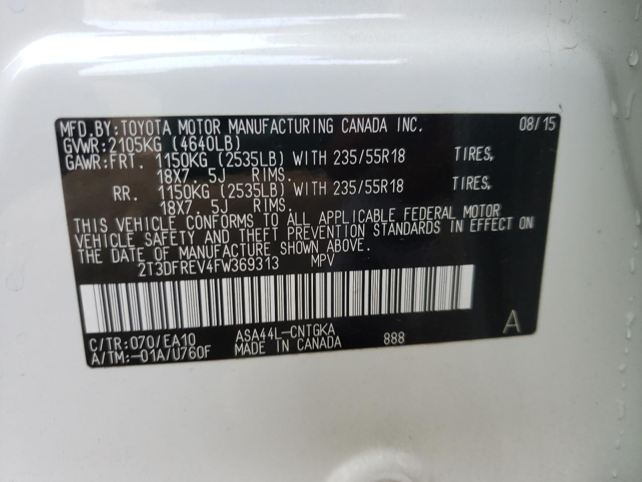 Photo 10 from auction – 2015 TOYOTA RAV4 LIMIT with VIN 2T3DFREV4FW369313