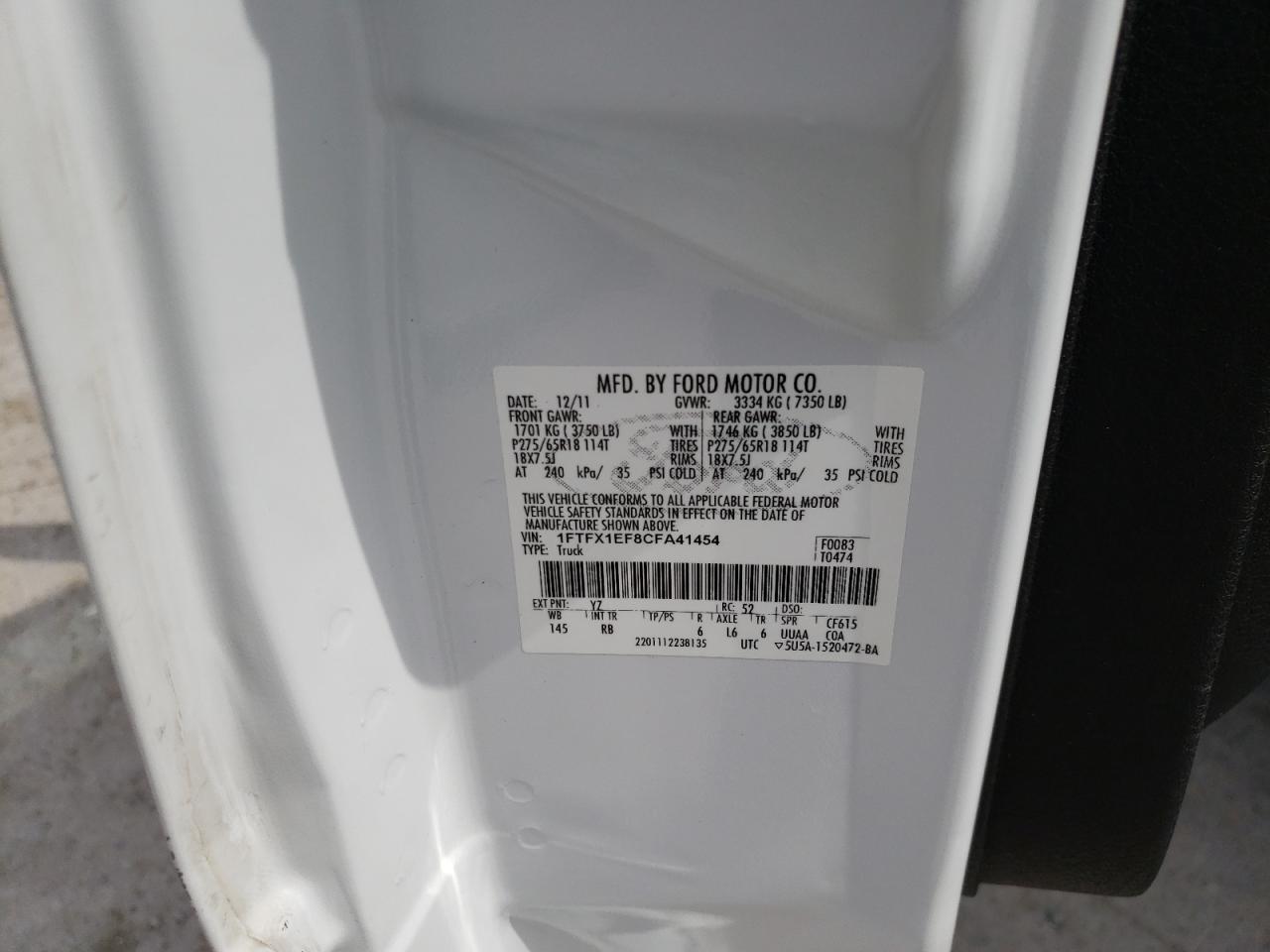 Photo 10 from auction – 2012 FORD F150 SUPER with VIN 1FTFX1EF8CFA41454