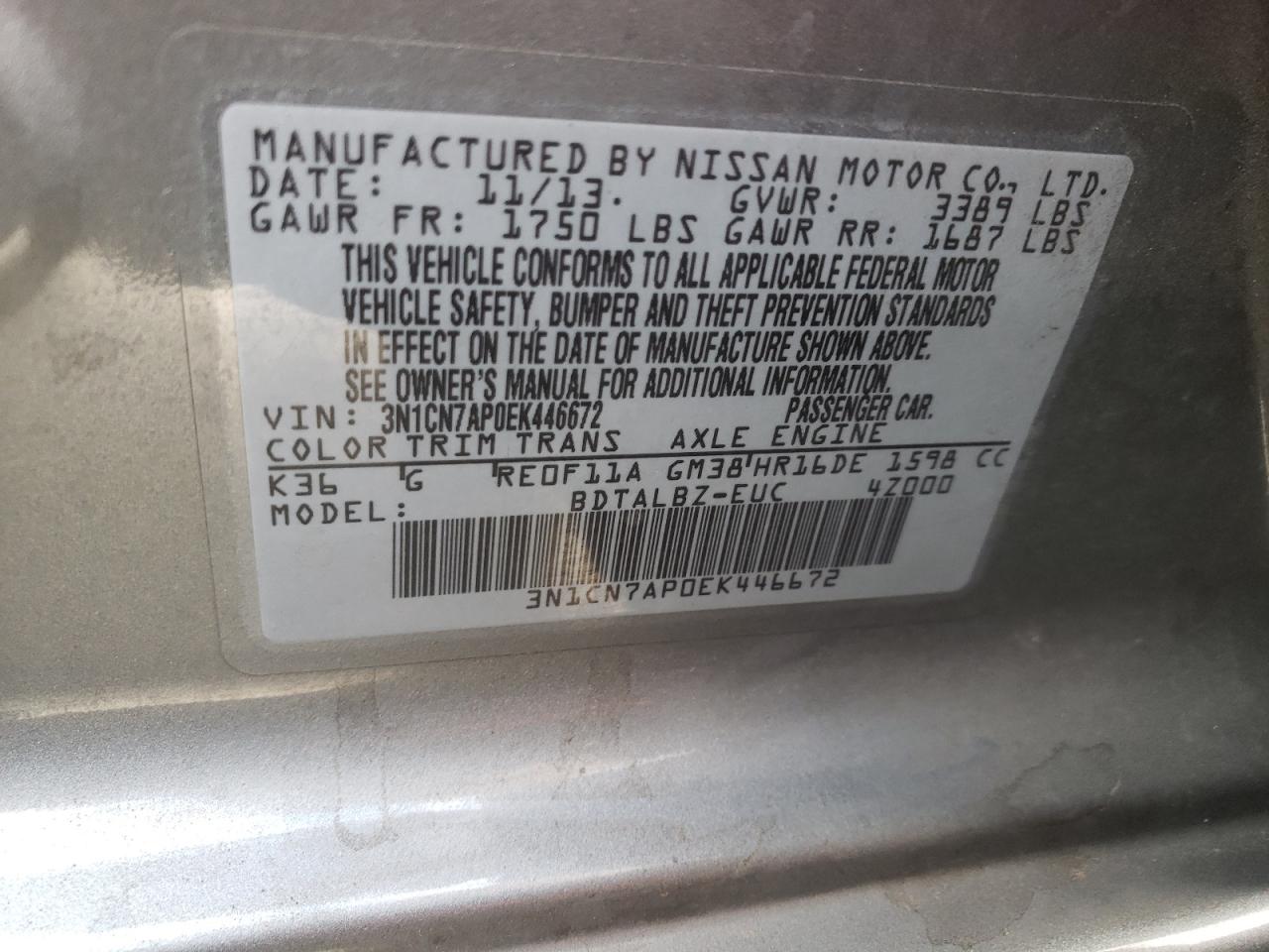 Photo 10 from auction – 2014 NISSAN VERSA S with VIN 3N1CN7AP0EK446672