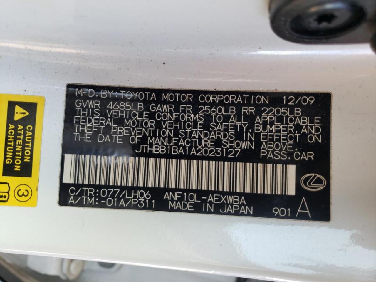 Photo 10 from auction – 2010 LEXUS HS 250H with VIN JTHBB1BA1A2023127