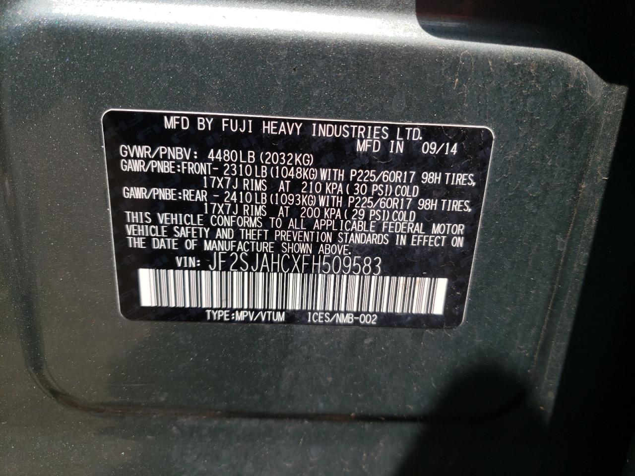 Photo 10 from auction – 2015 SUBARU FORESTER 2 with VIN JF2SJAHCXFH509583