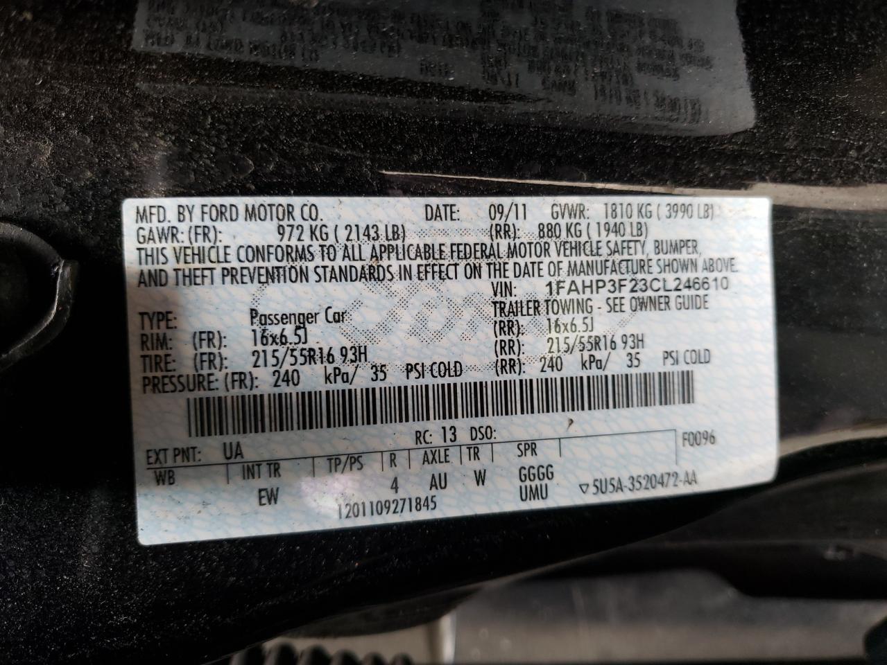 Photo 10 from auction – 2012 FORD FOCUS SE with VIN 1FAHP3F23CL246610