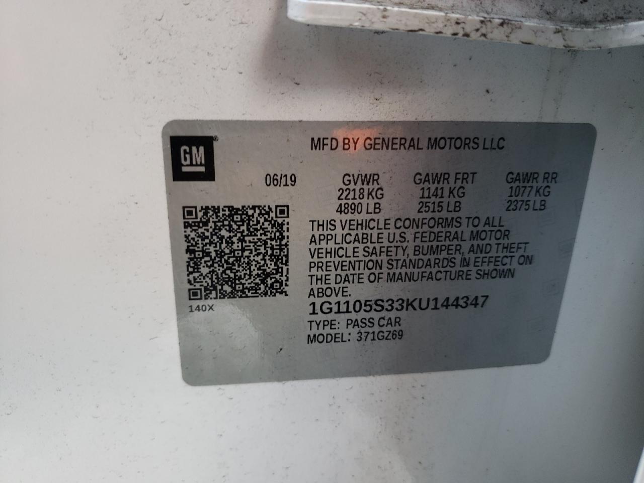 Photo 10 from auction – 2019 CHEVROLET IMPALA PRE with VIN 1G1105S33KU144347